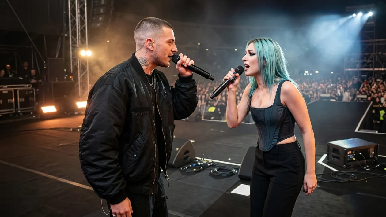 Lazza e Rose Villain durante una performance musicale dal vivo
