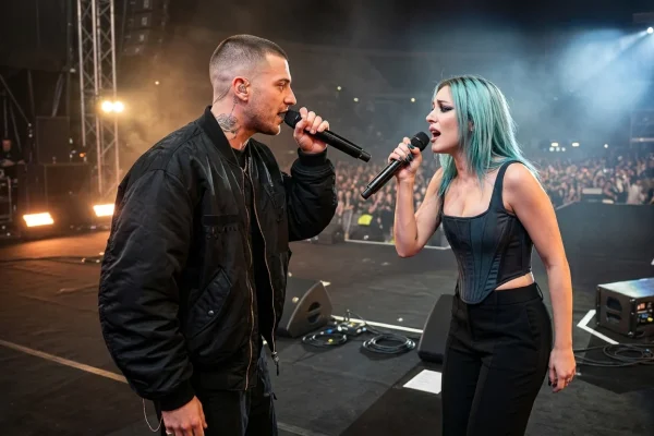 Lazza e Rose Villain durante una performance musicale dal vivo