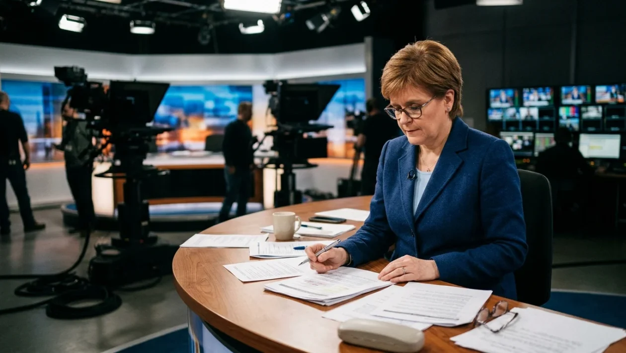 Lilli Gruber nello studio televisivo di La7 durante la conduzione di Otto e mezzo