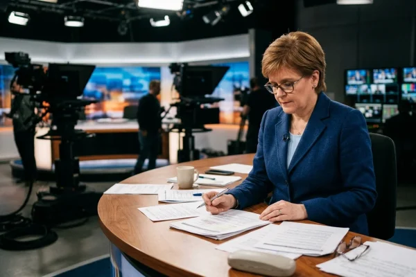 Lilli Gruber nello studio televisivo di La7 durante la conduzione di Otto e mezzo
