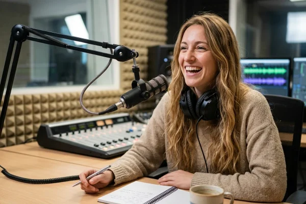 La conduttrice radiofonica e attrice Linda Pani negli studi di Radio 105
