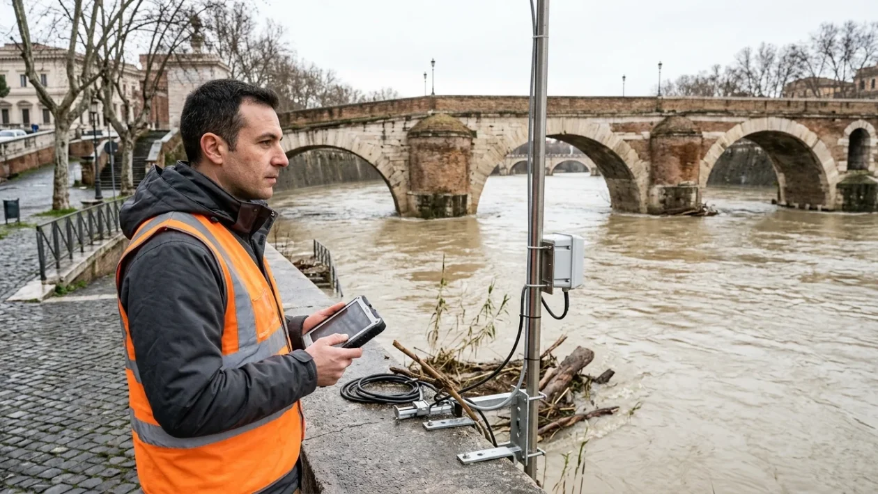 Il fiume Tevere e lo storico Ponte Milvio a Roma durante il monitoraggio idrometrico