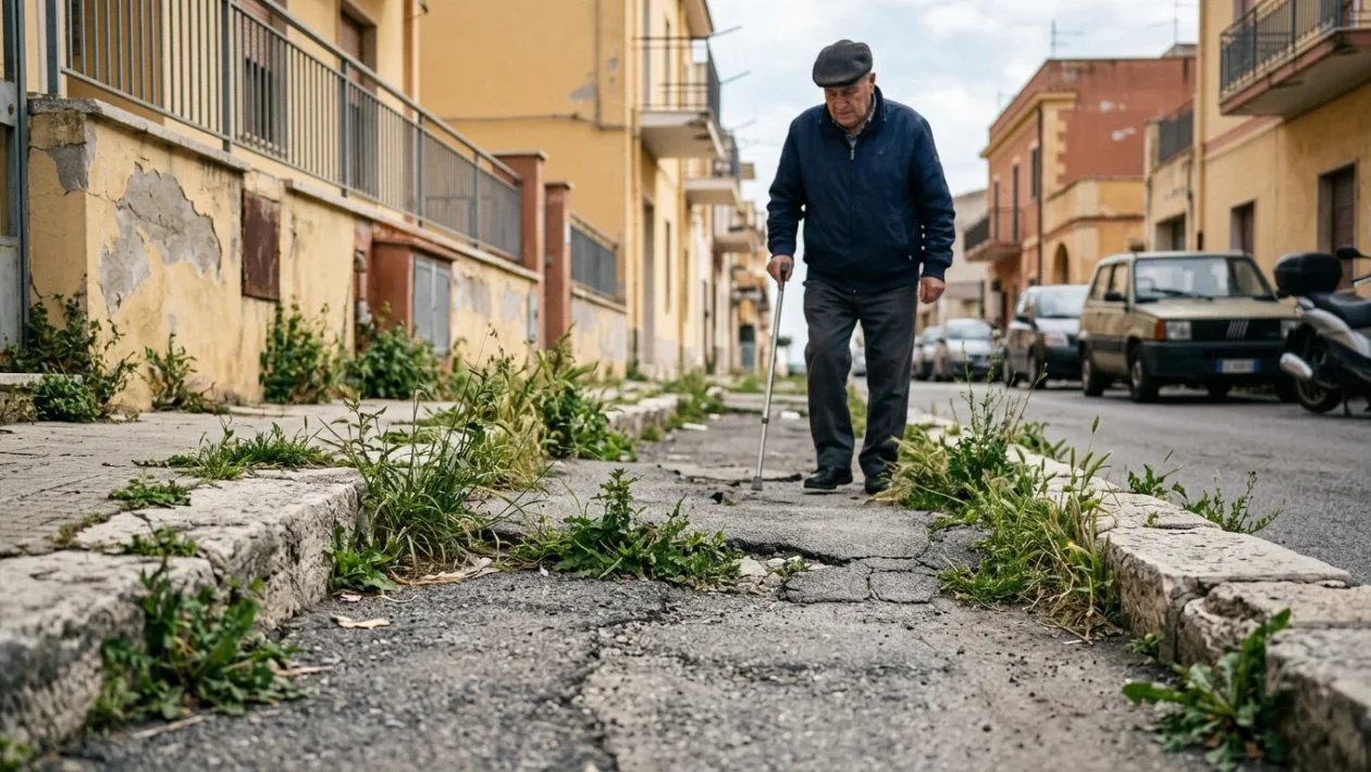 Erbacce e vegetazione incolta lungo i marciapiedi urbani a Livorno