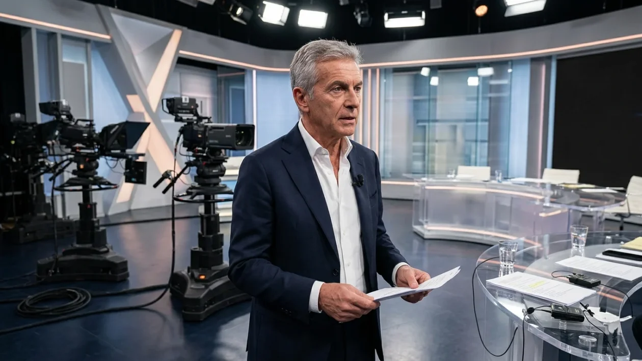 Massimo Giletti in studio di registrazione televisiva per la conduzione del programma Lo Stato delle Cose