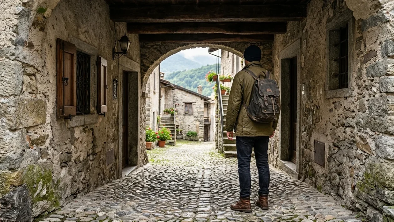 Scorcio in pietra di un antico borgo medievale della Lombardia con viottoli acciottolati