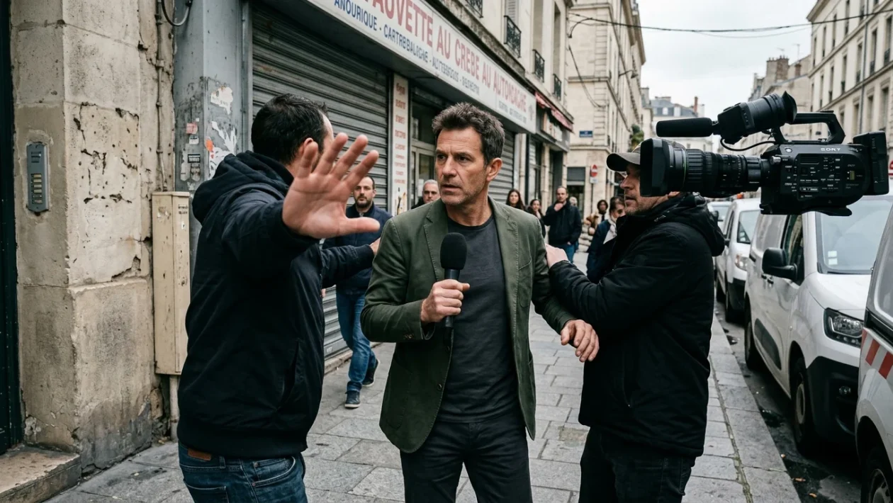 Inviato televisivo con microfono durante una registrazione all'aperto