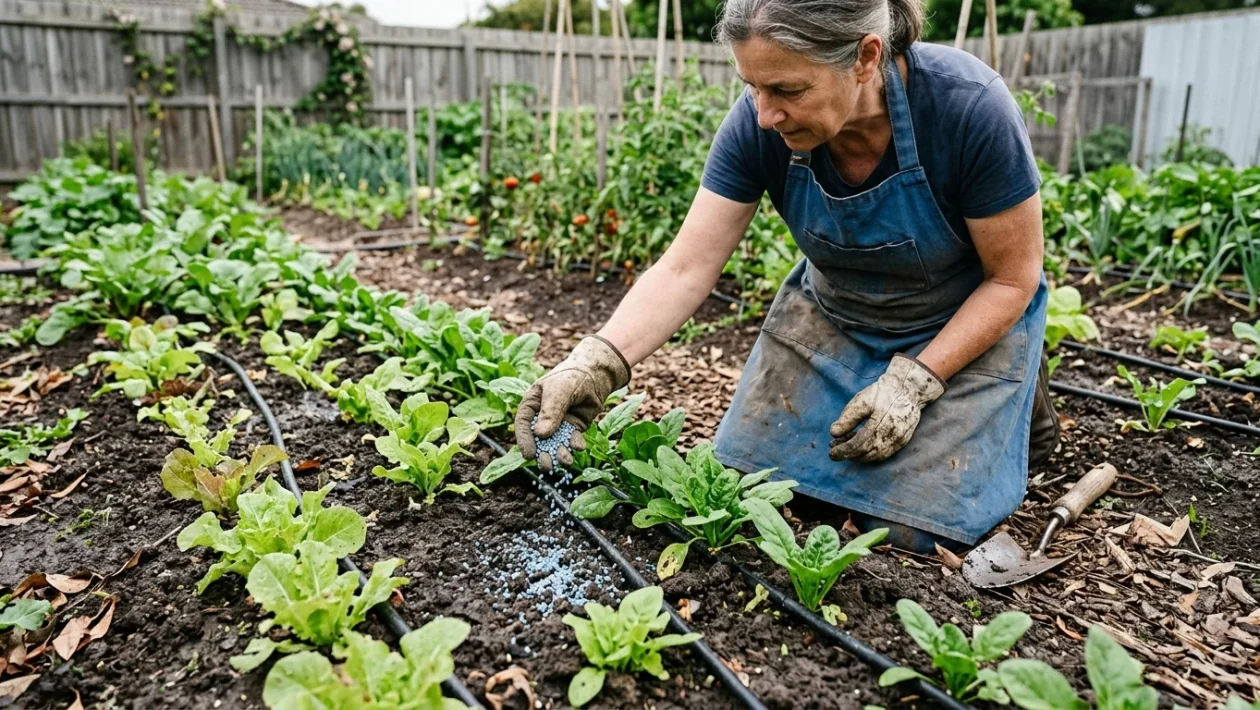 Granuli di fosfato ferrico biologico distribuiti sul terreno dell'orto tra piante di lattuga