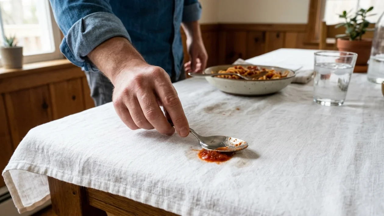 Macchia di pomodoro su una tovaglia bianca