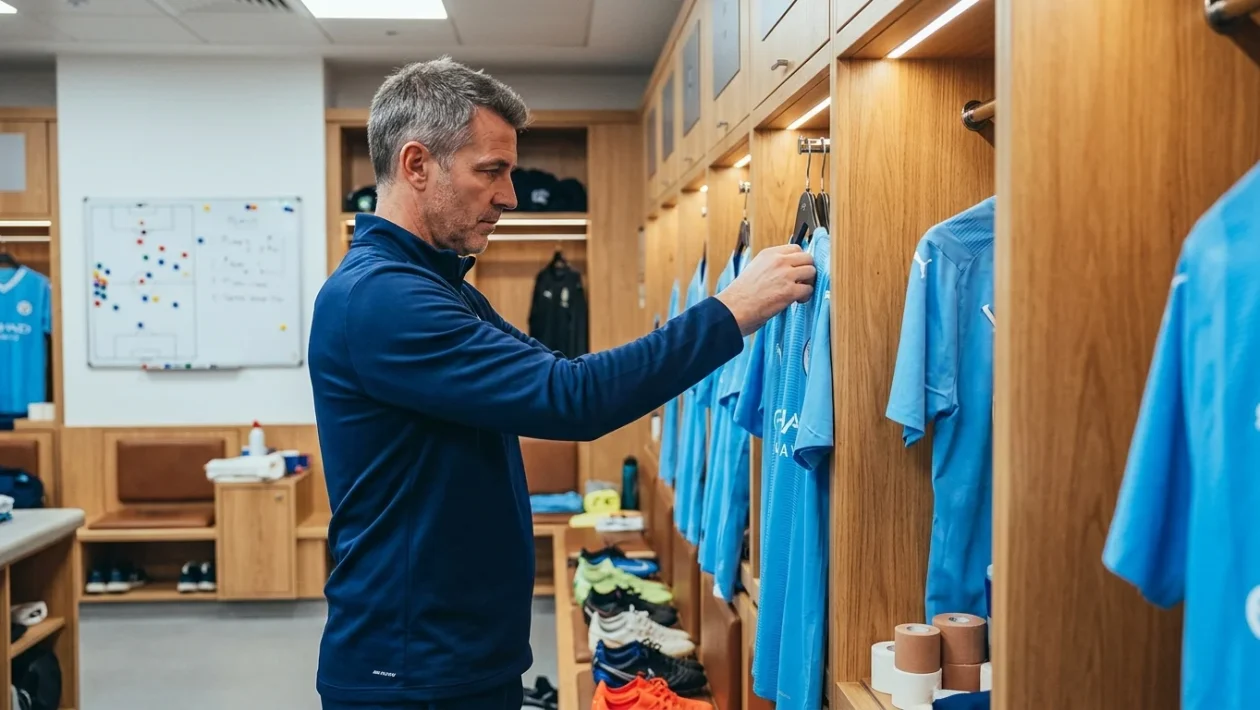Dettaglio della maglia del Manchester City negli spogliatoi