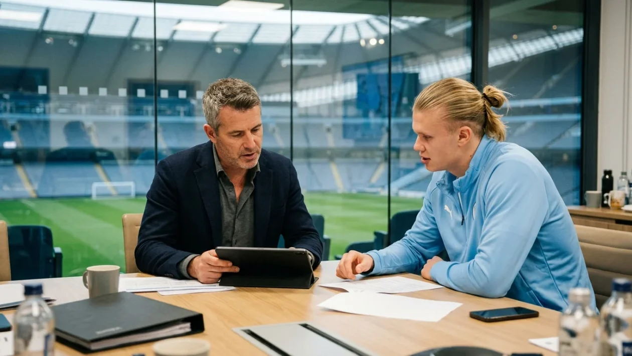 Calciatori del Manchester City esultano sul terreno di gioco dell'Etihad Stadium