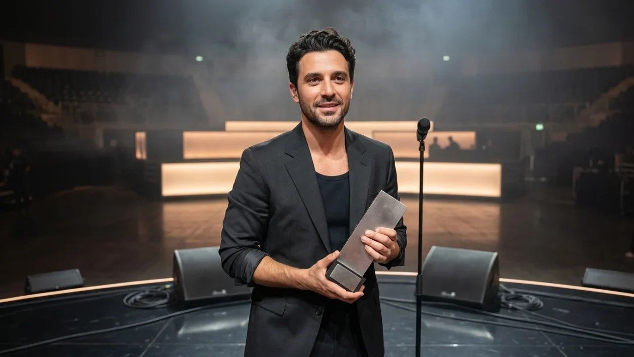 Marco Mengoni sul palco dei BYD Music Awards mentre riceve il premio per i concerti dal vivo