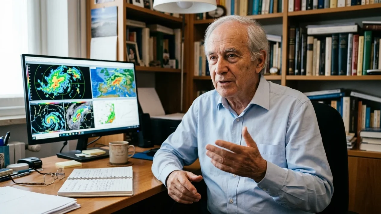 Il meteorologo Mario Giuliacci in studio durante un aggiornamento meteo