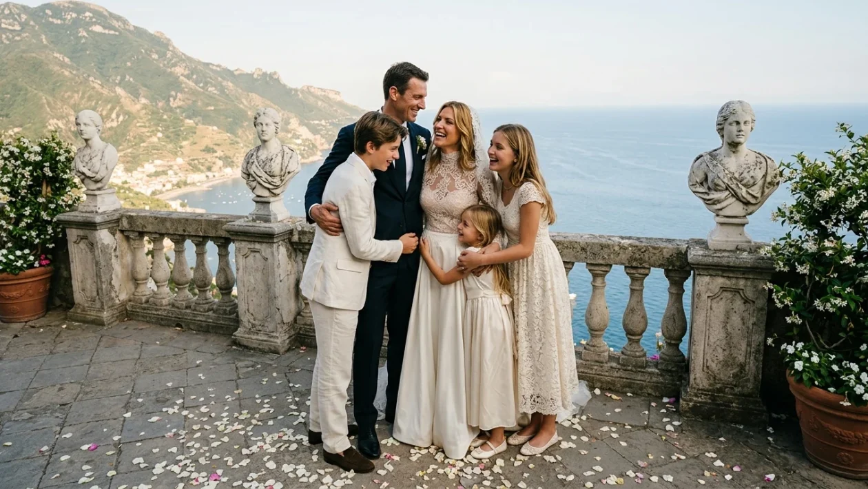 Ilary Blasi con abito da sposa bianco a Villa Cimbrione a Ravello