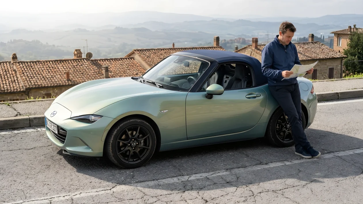 Nuova Mazda MX-5 2027 con carrozzeria Zinc Green e capote Soft Top