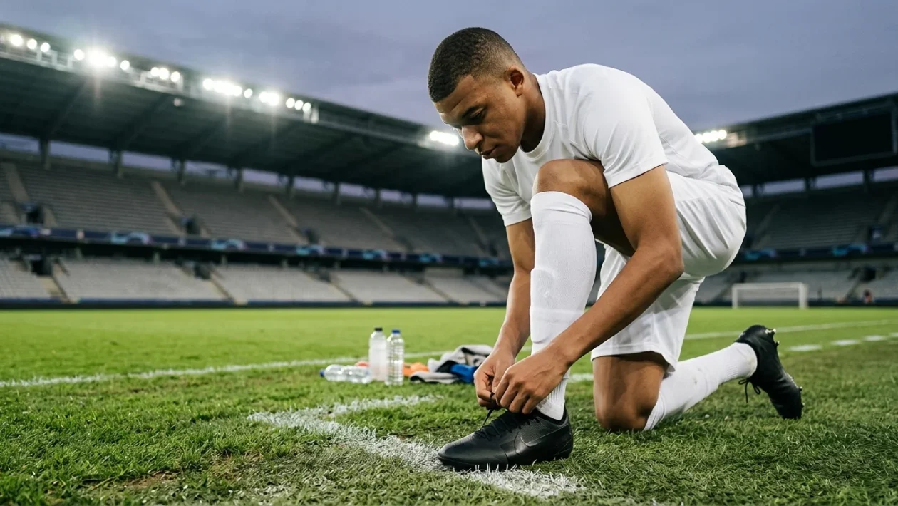 Kylian Mbappé in campo con gli scarpini da gara con il logo oscurato
