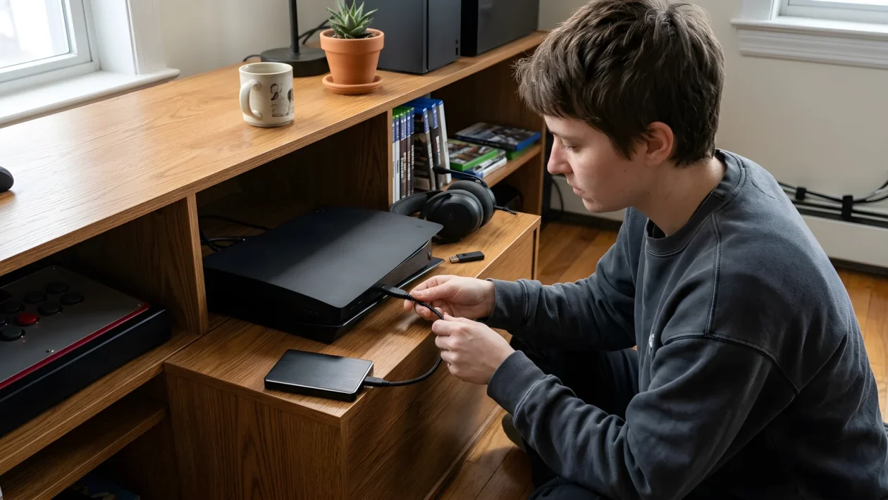 Porta USB di una console collegata a un disco esterno con periferiche sullo sfondo