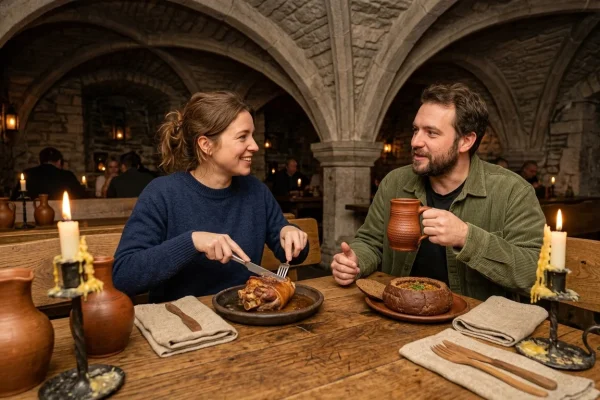 Interno a lume di candela della taverna medievale Rozengrals a Riga