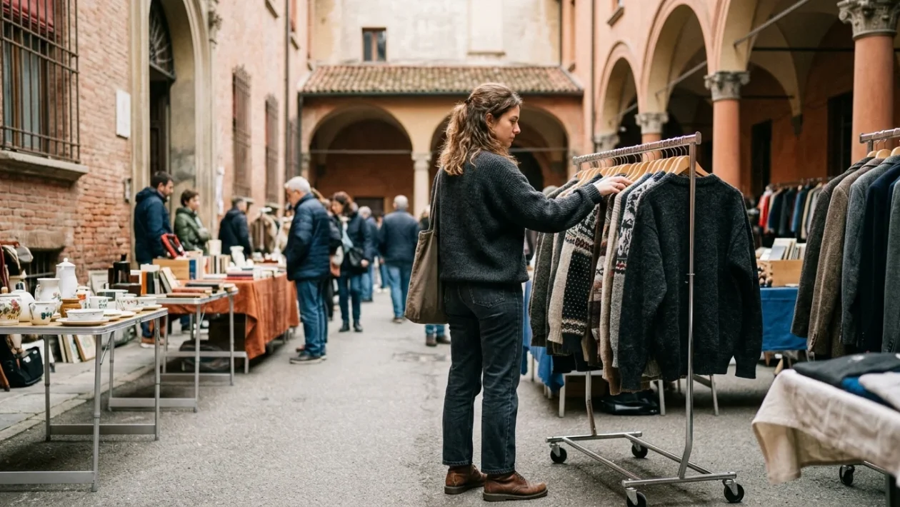 Abiti e gioielli esposti in un mercatino vintage a Bologna