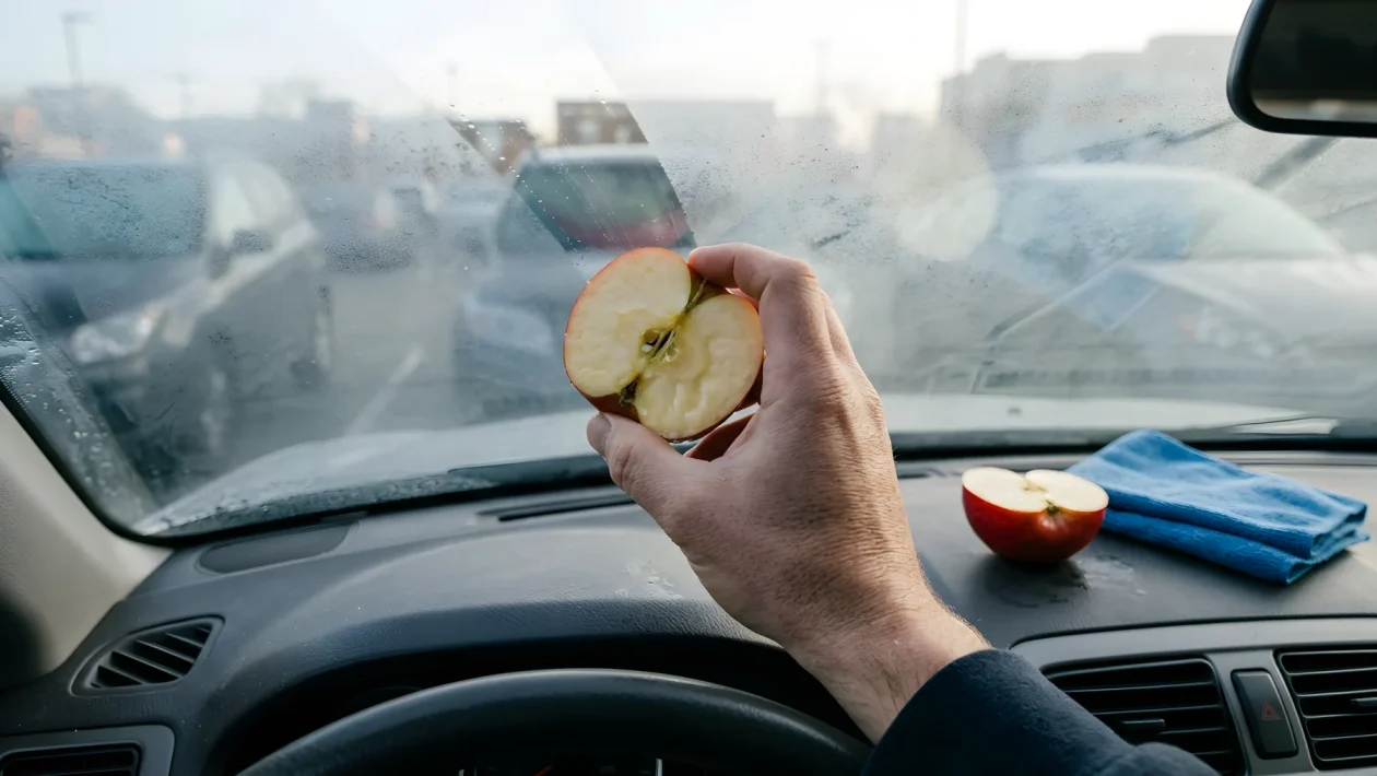 Mezza mela passata sul parabrezza interno dell'auto contro la condensa