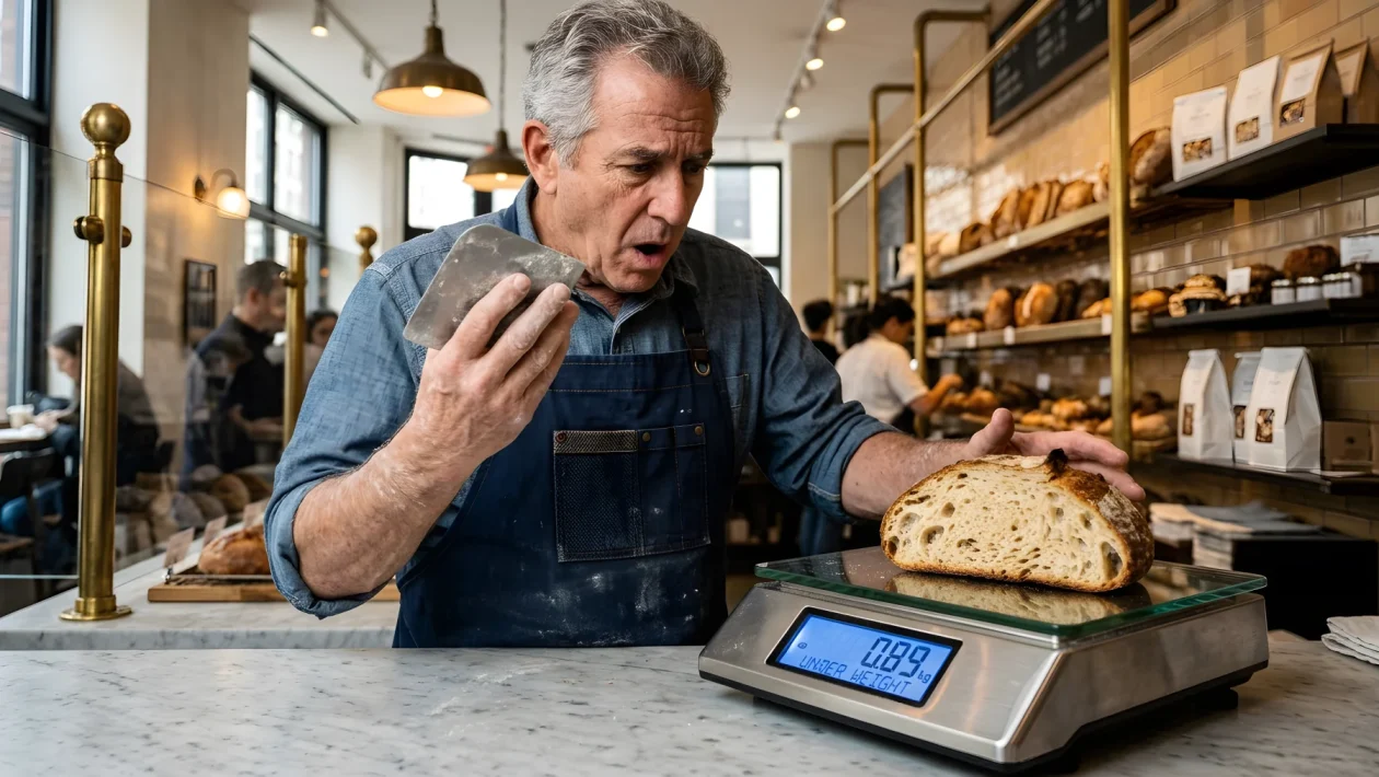 Pagnotta di pane artigianale tagliata a metà su un banco da lavoro
