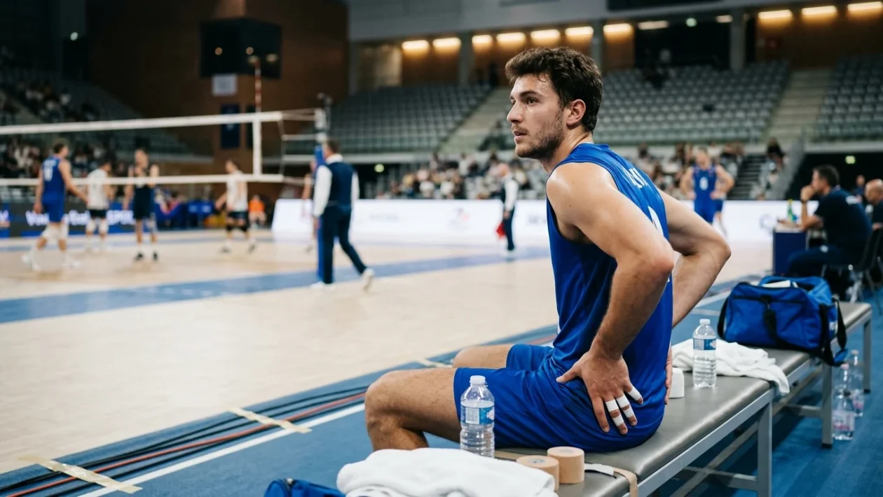 Alessandro Michieletto in campo durante una partita della Nazionale italiana di volley