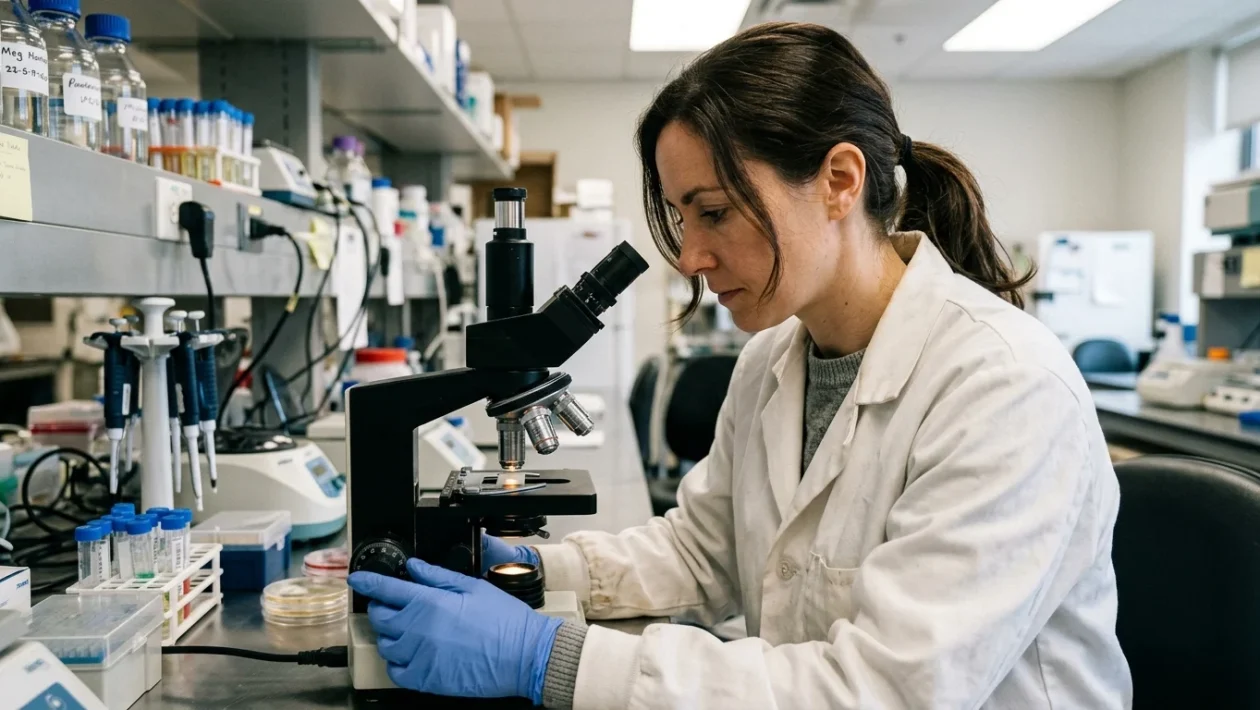 Rappresentazione scientifica al microscopio di particelle di microplastica nei tessuti biologici