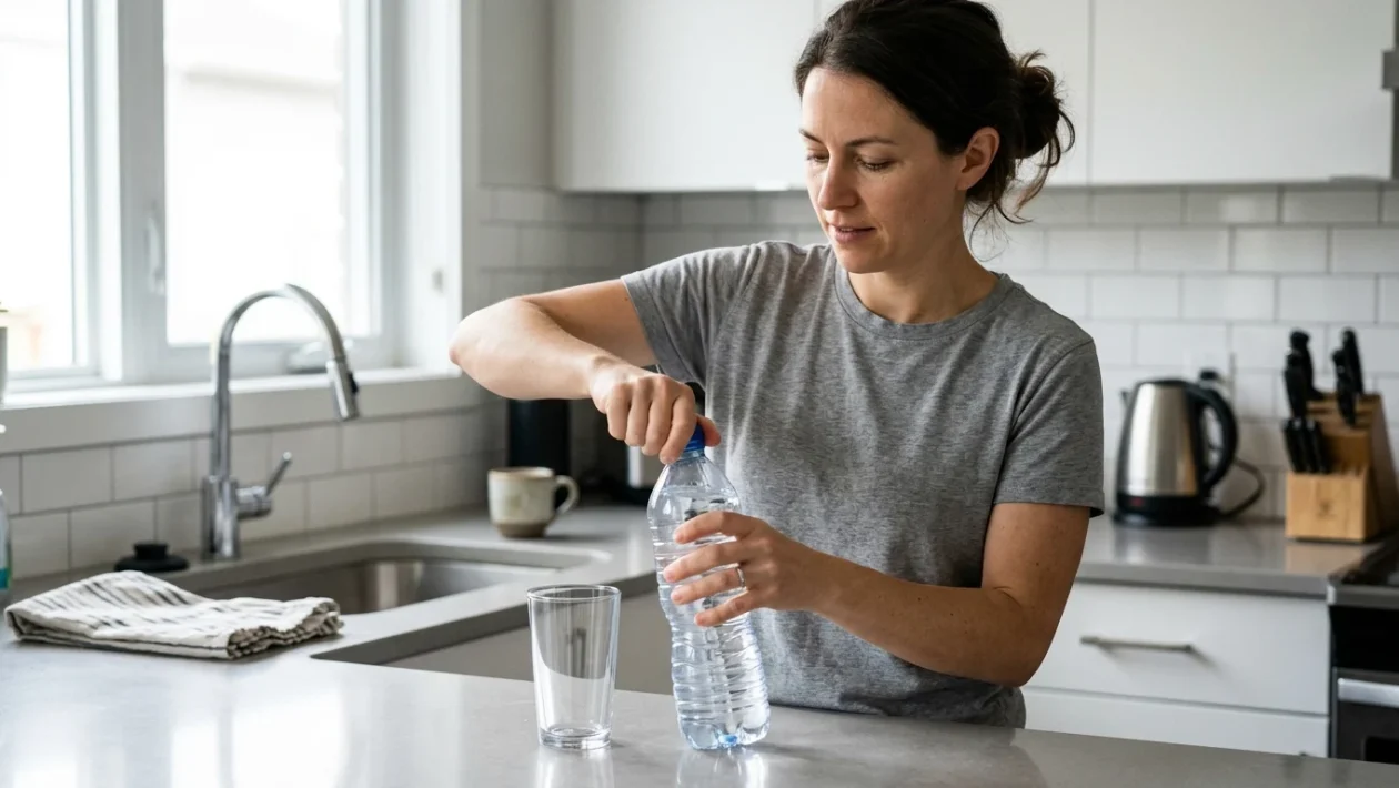 Bottiglia di plastica trasparente con riflessi di luce che simboleggia l'acqua minerale e le particelle invisibili