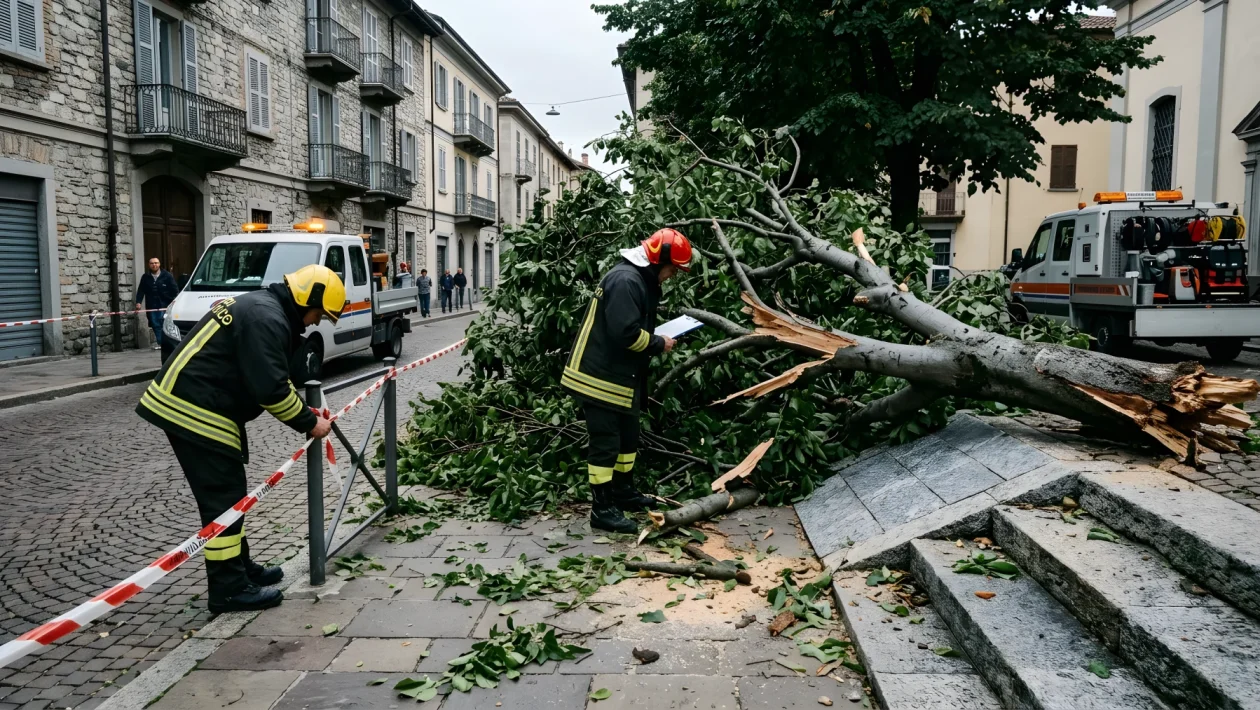 Vigili del fuoco impegnati nel taglio dei rami dopo la caduta di un albero a Milano