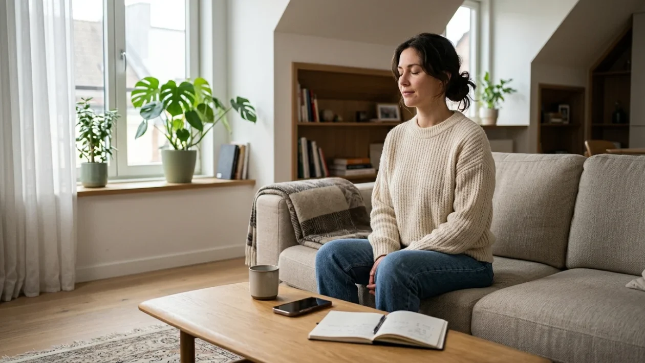 Persona che pratica meditazione e respirazione consapevole seduta a gambe incrociate