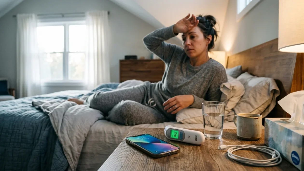 Smartphone e due termometri su un tavolino, con una donna sfocata sul letto che si tocca la fronte