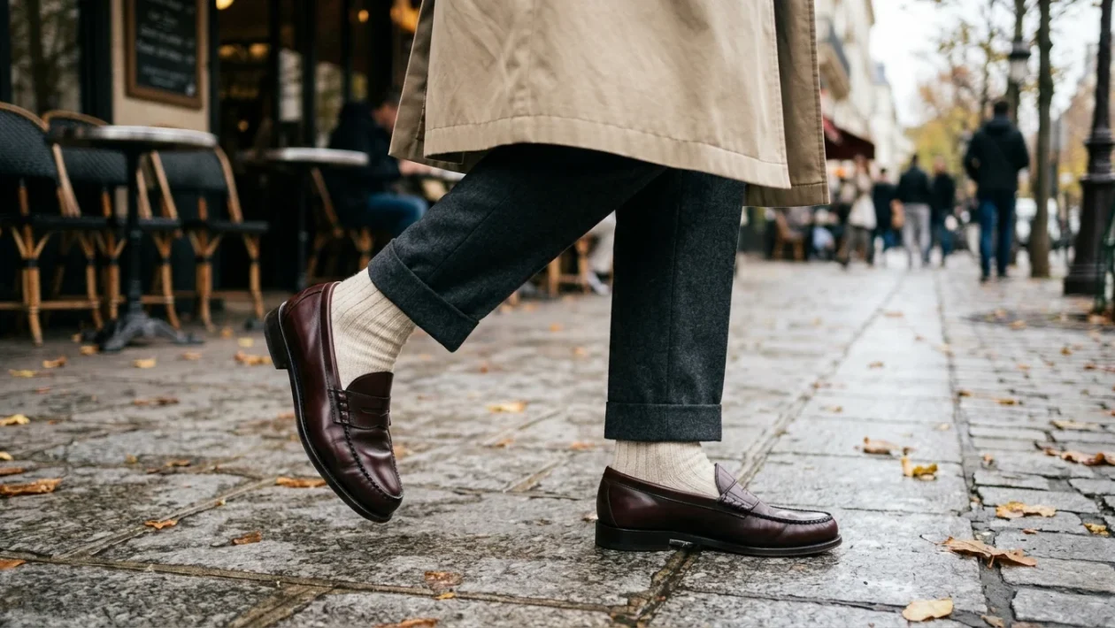 Mocassini in pelle nera abbinati a calzini a coste su pantaloni sartoriali