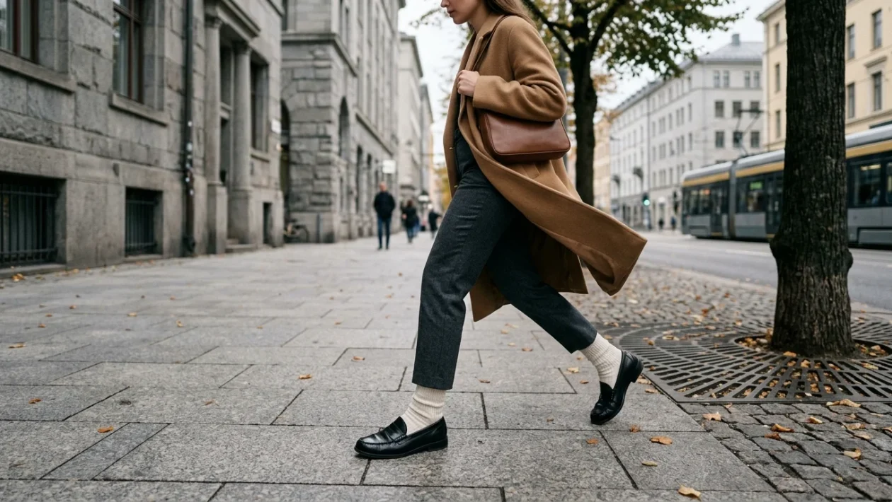 Mocassini donna in pelle nera abbinati a calze bianche a coste per un look autunnale