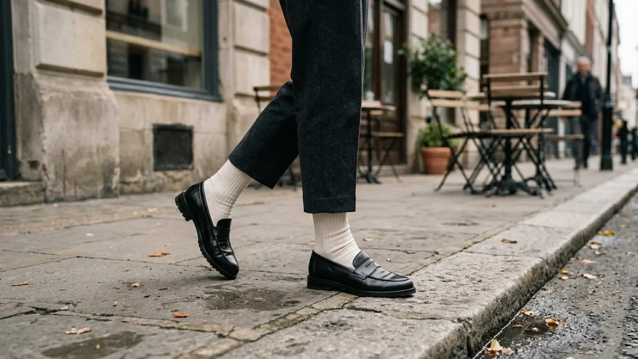 Mocassini donna in pelle nera abbinati a calzini a coste e pantaloni sartoriali