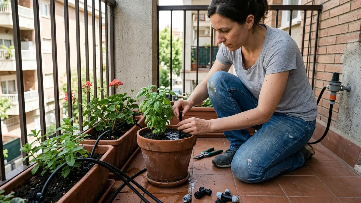 Kit irrigazione a goccia Gardena montato sui vasi di un terrazzo