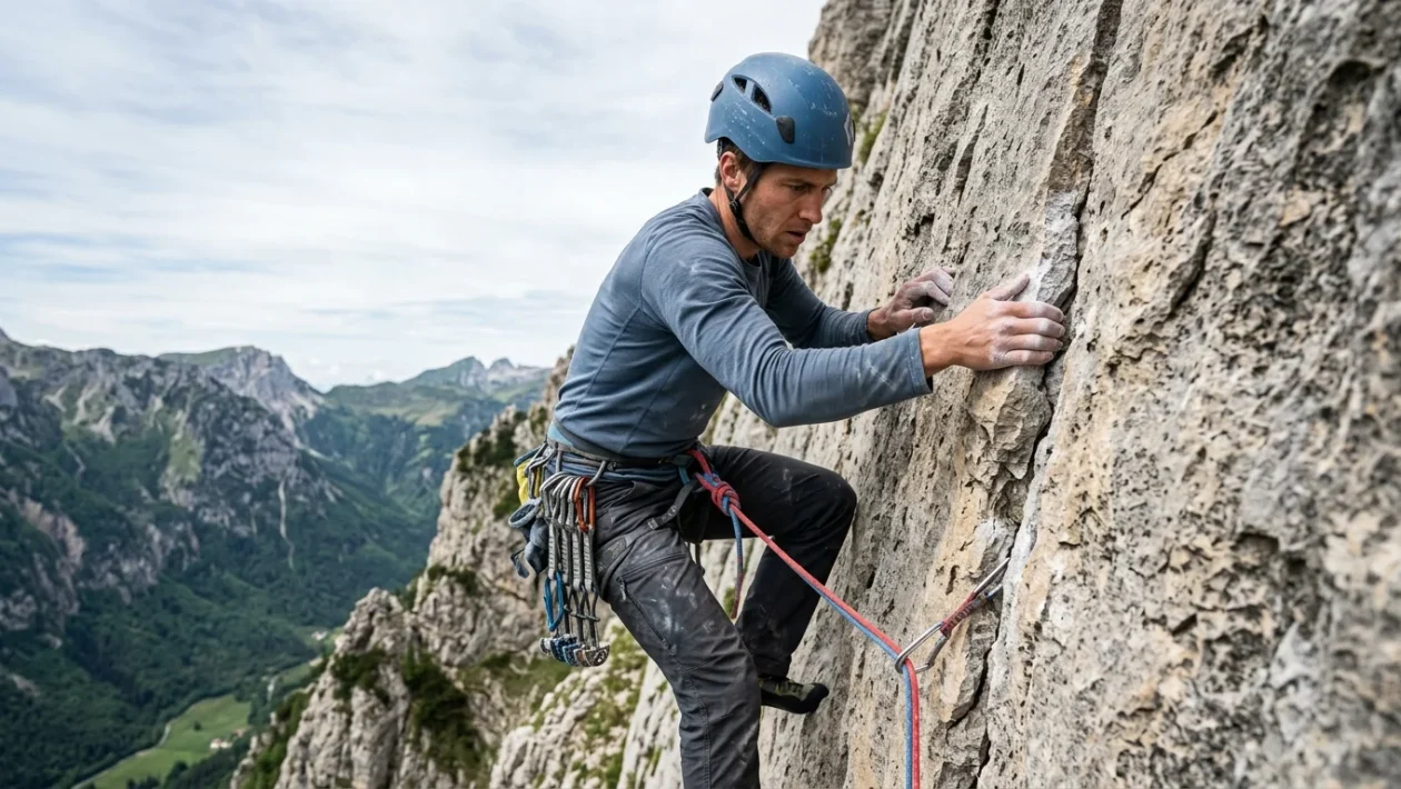 Parete rocciosa del Monte Baffélan nelle Piccole Dolomiti con alpinisti lungo una via classica