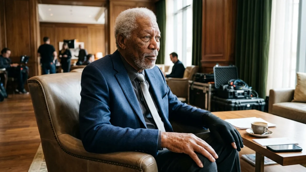 Morgan Freeman con il guanto compressivo scuro alla mano sinistra durante un evento pubblico