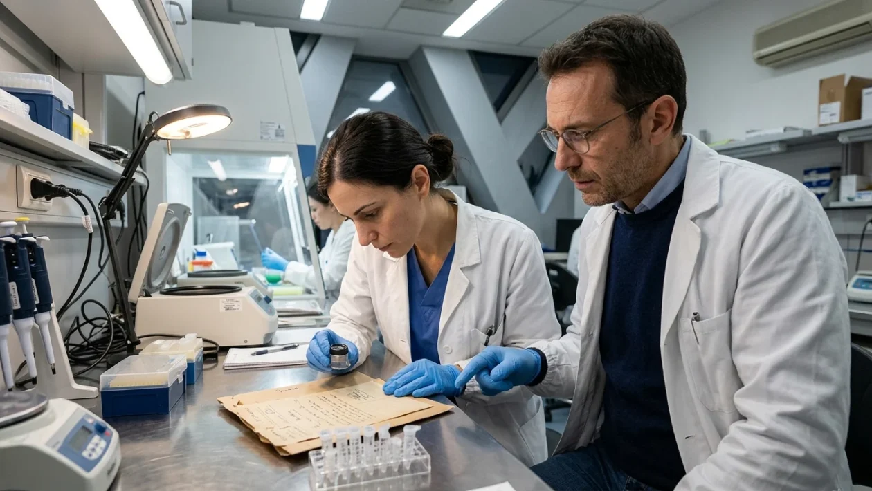 Laboratorio di genetica forense con provette e analisi del profilo DNA per indagini criminali