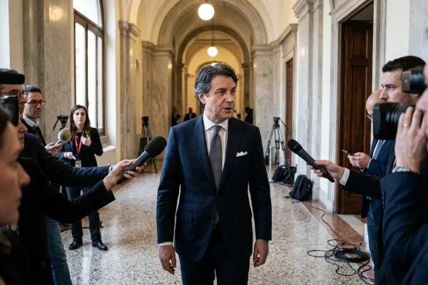 Simbolo e bandiere del Movimento 5 Stelle sventolano durante un incontro politico