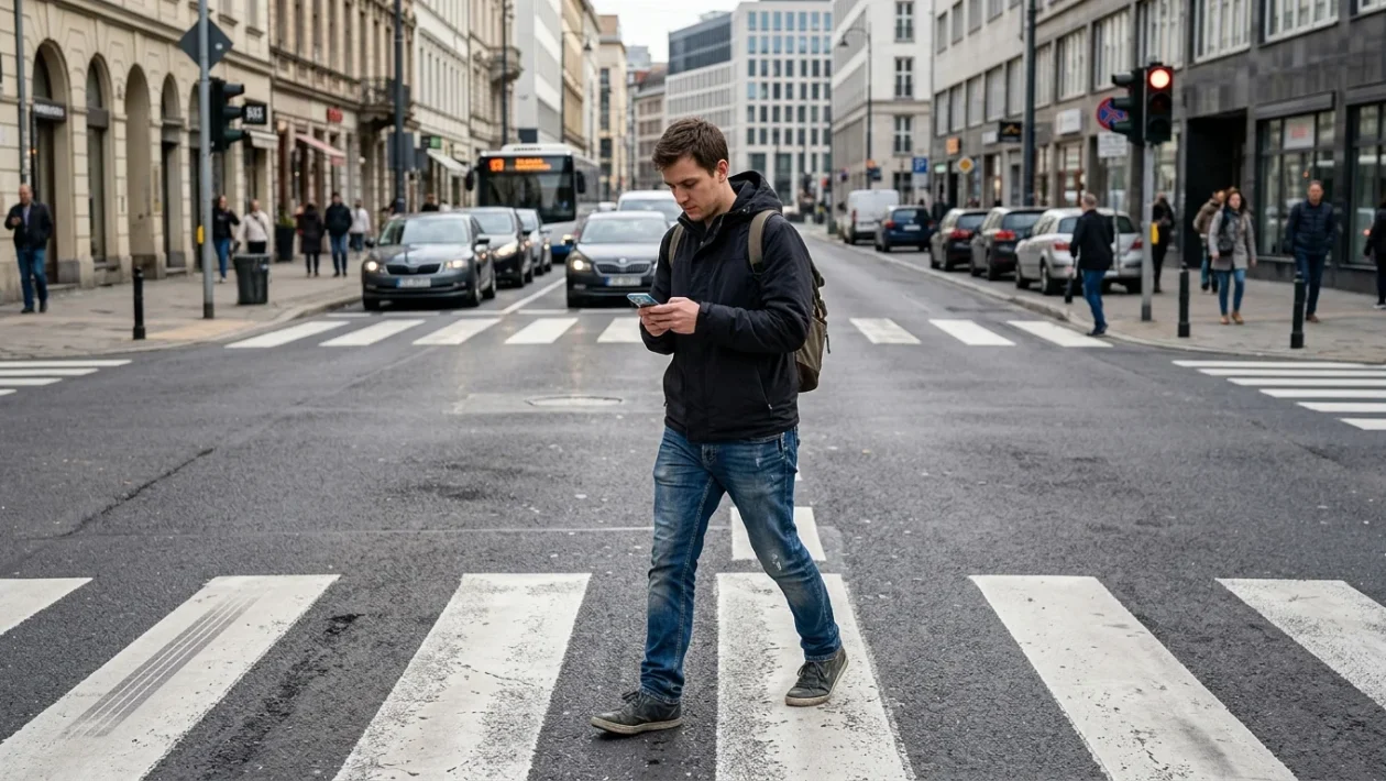 Uomo attraversa sulle strisce pedonali guardando lo smartphone, con un’auto in arrivo in una strada cittadina