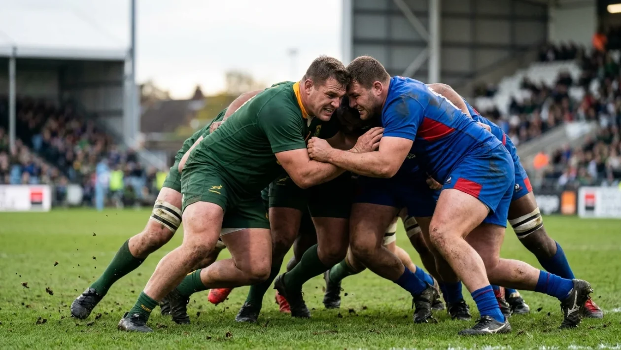 Azione di gioco durante un incontro di rugby tra Sudafrica e Namibia