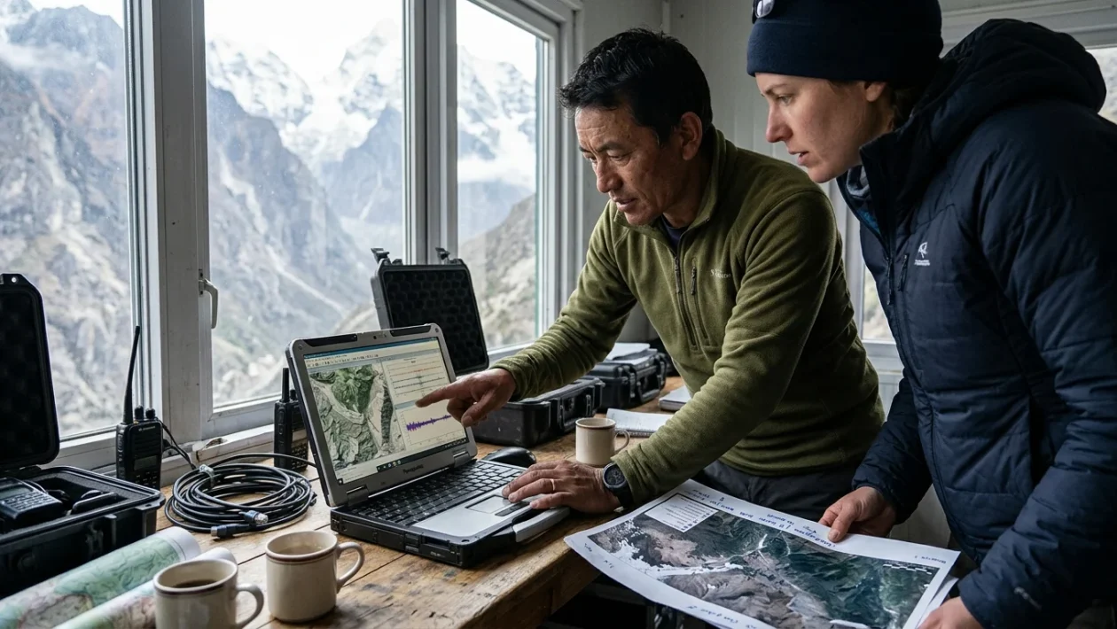 Ricostruzione del crollo del ghiacciaio e dell'alluvione nel distretto di Rasuwa in Nepal