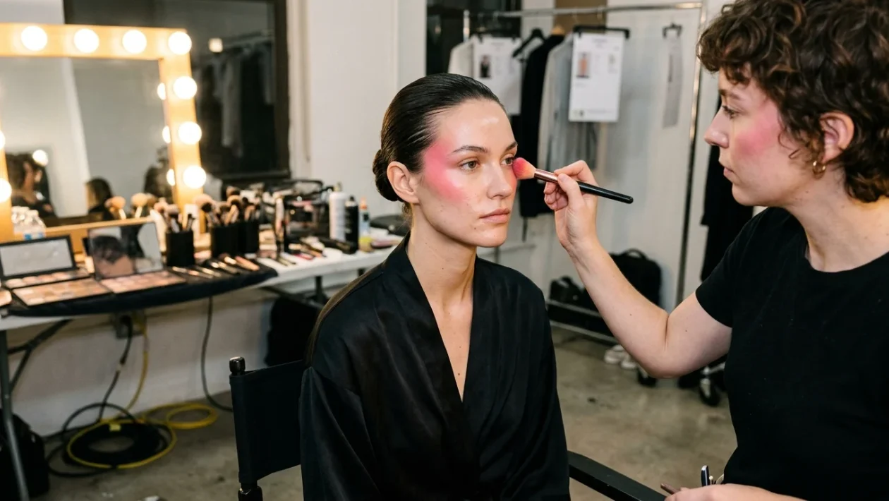 Trucco viso da sfilata con blush pesca e rosa confetto sfumato verso le tempie