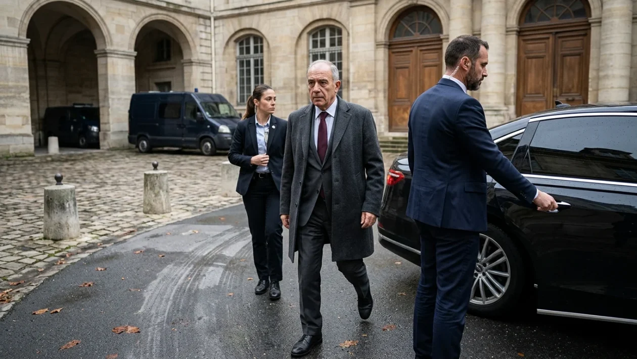Nicola Gratteri impegnato in un incontro pubblico con dispositivi di sicurezza