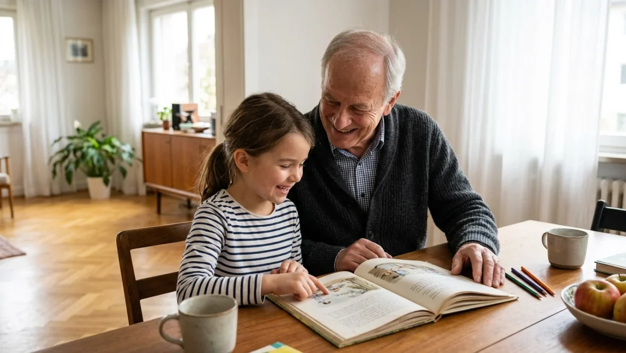 Nonno e nipote trascorrono del tempo insieme all'aperto parlando e sorridendo