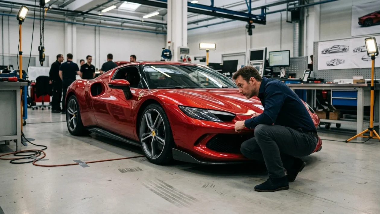 Dettaglio della carrozzeria rossa e della presa d'aria del teaser della nuova Alfa Romeo sportiva