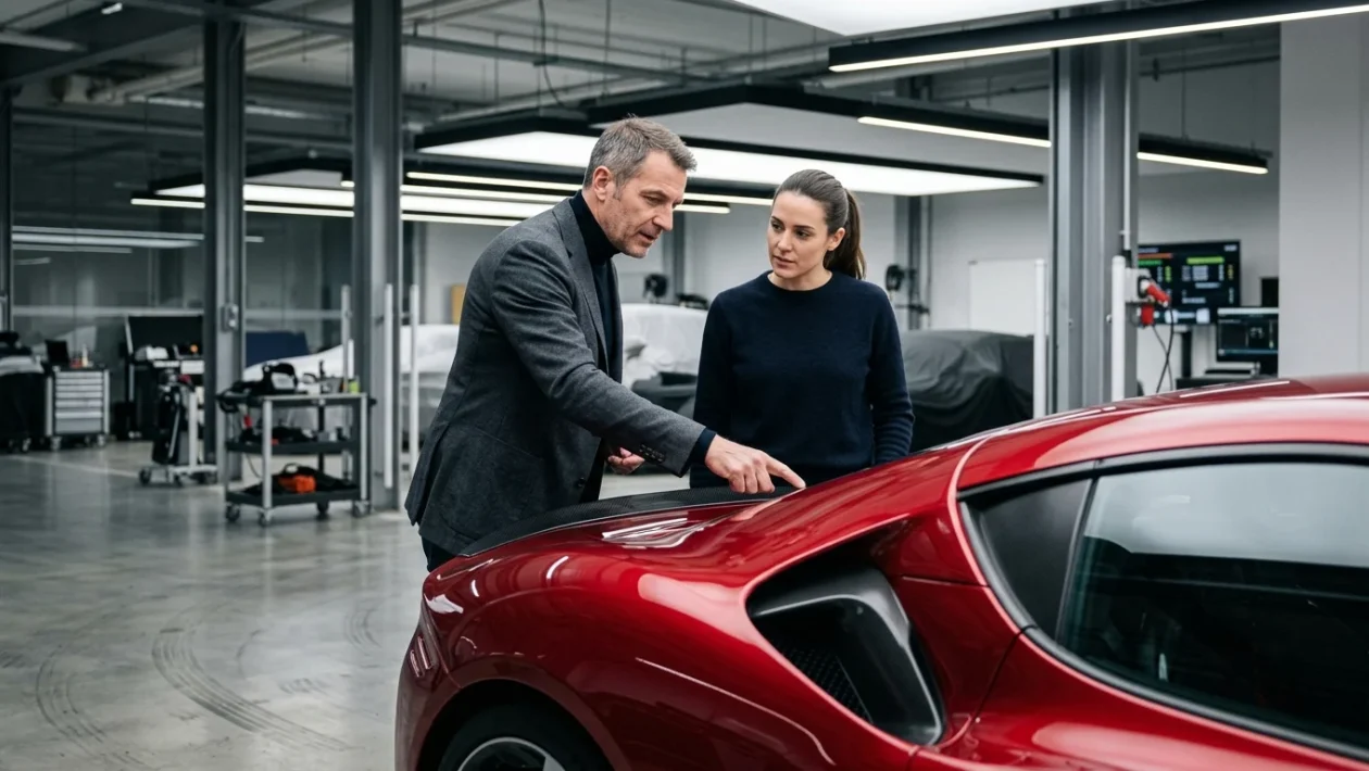 Dettaglio della carrozzeria rossa del teaser della nuova concept sportiva Alfa Romeo