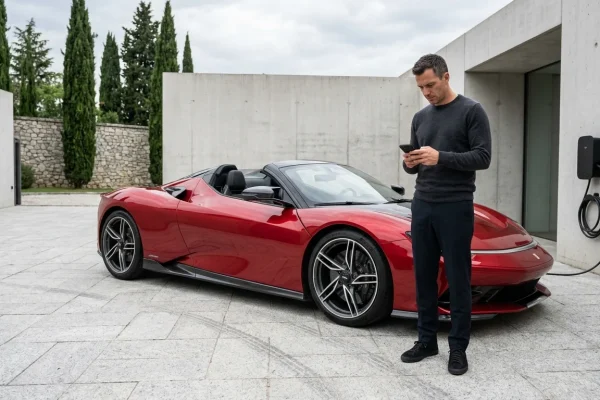 Prototipo della supercar elettrica Tesla Roadster rossa su strada