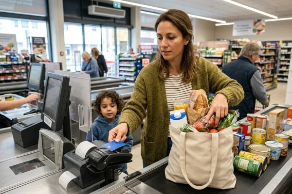 Spesa alimentare con la carta Dedicata a te alle casse di un supermercato convenzionato