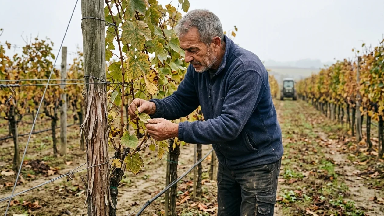 Vigneto in autunno con foglie dorate dopo la vendemmia pronto per i trattamenti fitosanitari