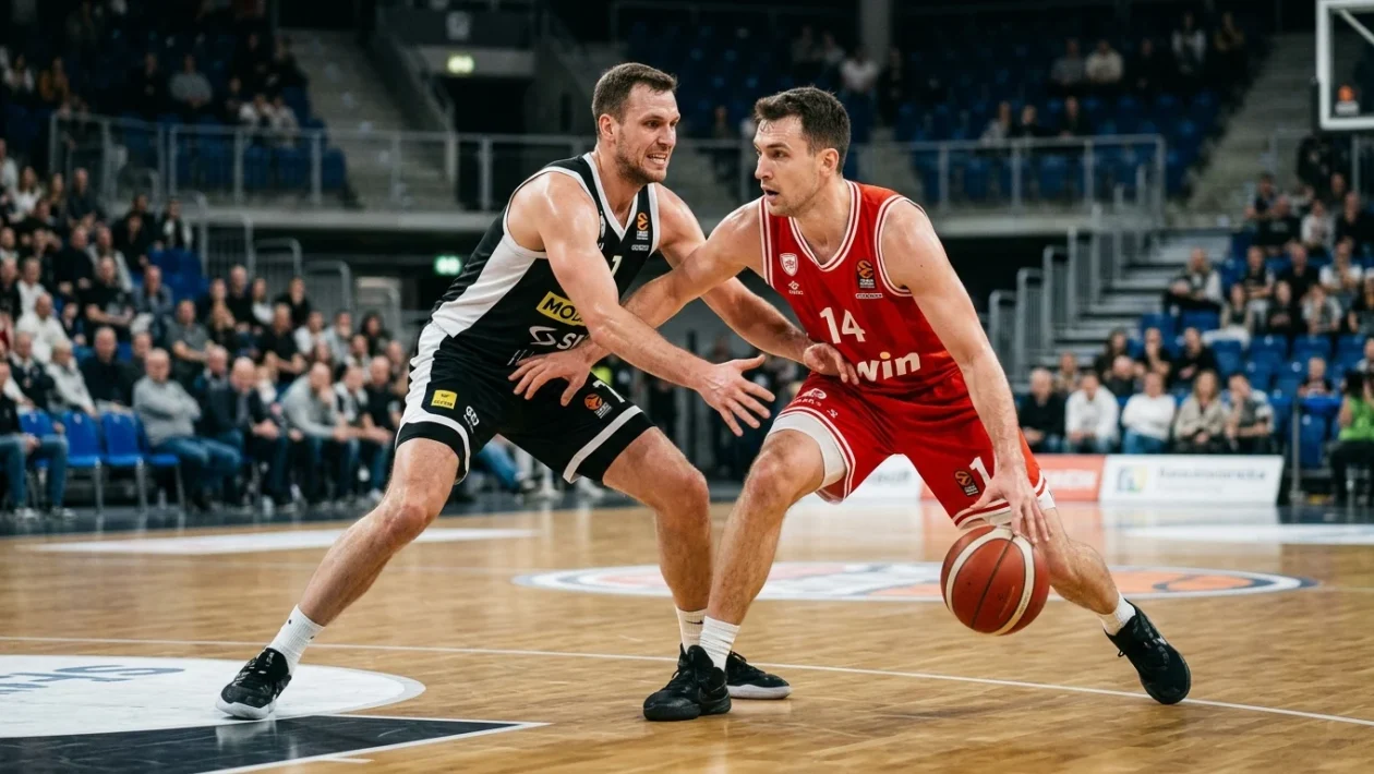 Giocatori dell'Olimpia Milano schierati sul parquet durante un'azione di gioco